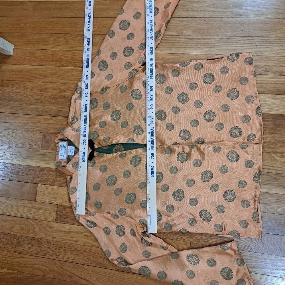 Vtg Silk Large Orange Metalic Green Medallion Open Front Jacket Kimono Asian Nic - Picture 8 of 10